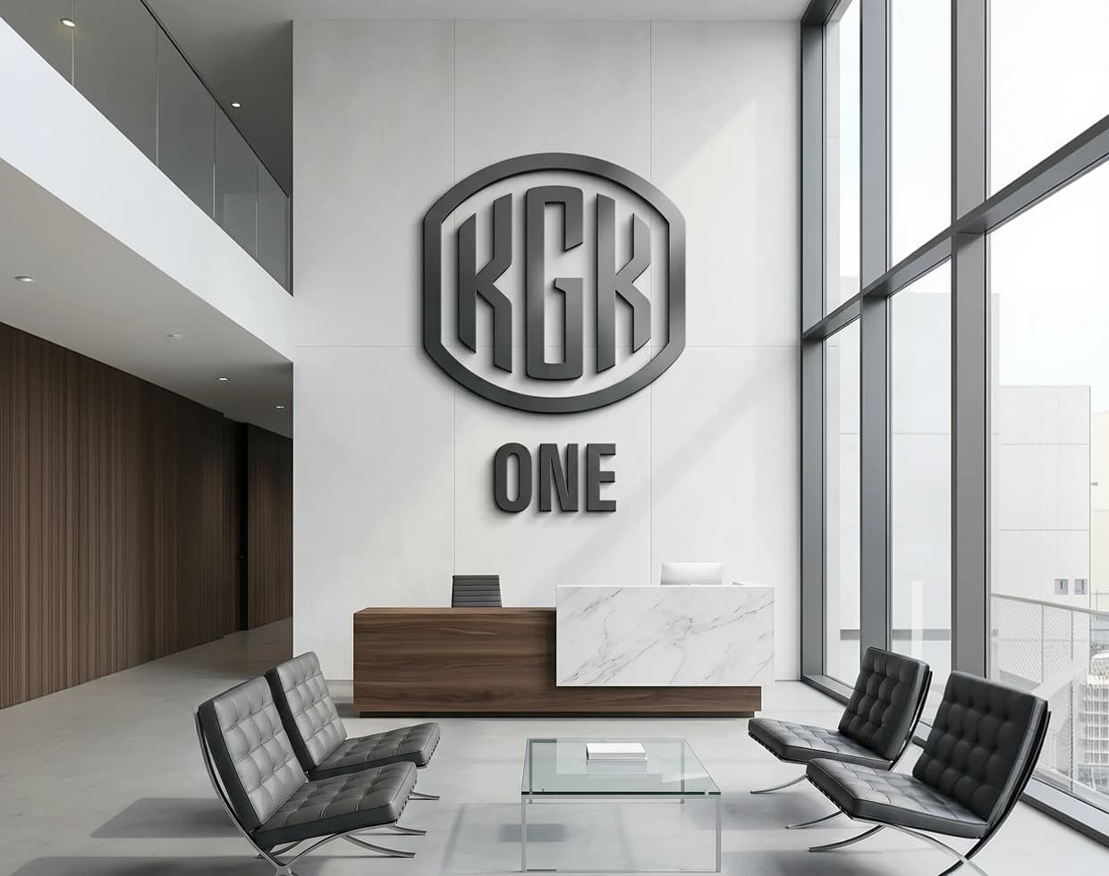 KGK One reception with the KGK ONE wordmark on the wall